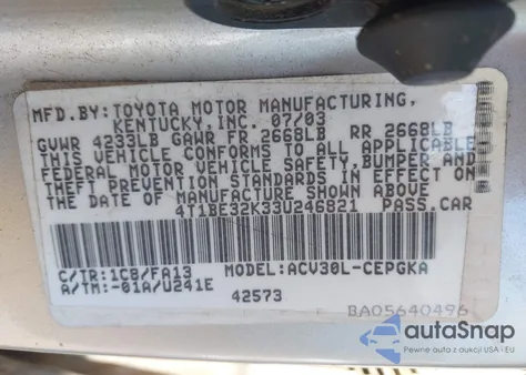 2003 Toyota Camry Xle из США, поврежденный, VIN 4T1BE32K33U246821